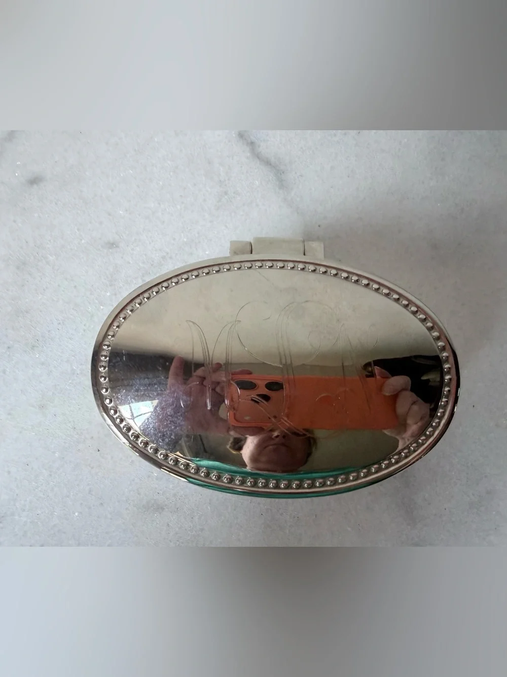 Vintage Oval Silver-tone Trinket Jewelry Box monogrammed